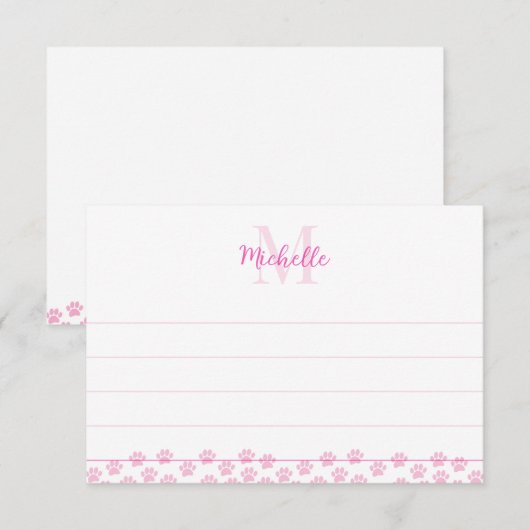 Pink Pet Paw Prints Custom Monogram Cute Lined ノートカード (正面/裏面)