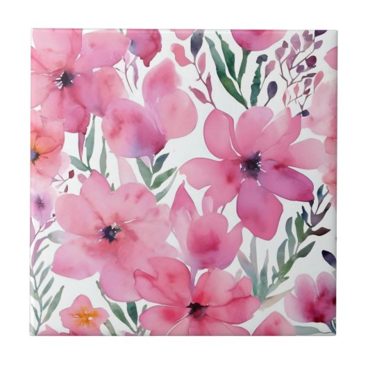 Pink Petals | Watercolor Floral Painted Flowers タイル (正面)