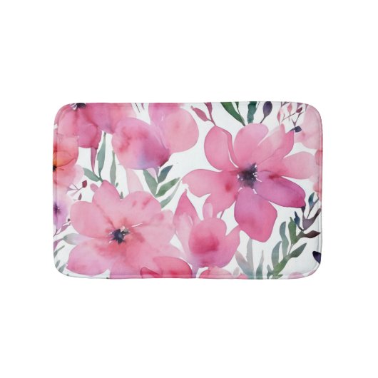 Pink Petals | Watercolor Floral Painted Flowers バスマット (正面)
