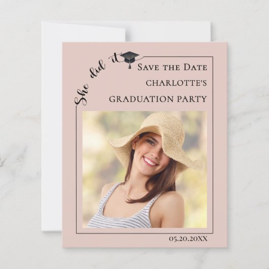Pink Photo Graduation Party Save the Date card (正面)