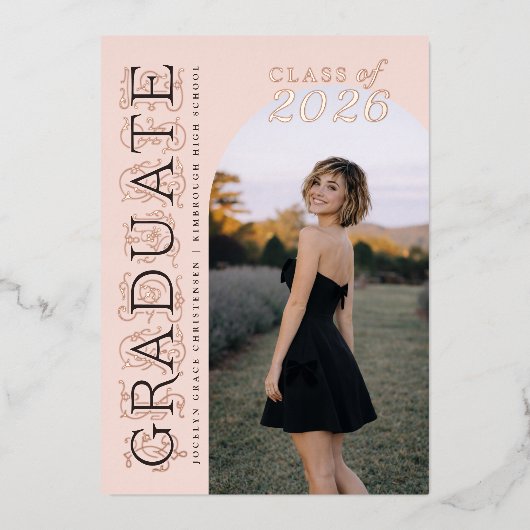 Pink Photo Graduation Rose Gold Foil Invitation 箔招待状 (正面)