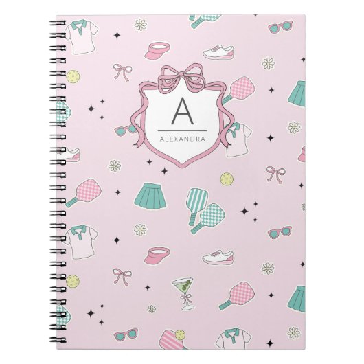 Pink Pickleball Preppy Monogram Print ノートブック (正面)