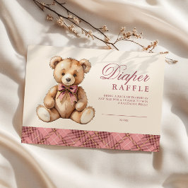 Pink Plaid Bear Baby Shower Diaper Raffle エンクロージャーカード