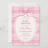 Pink plaid bow baby shower 招待状 (正面)