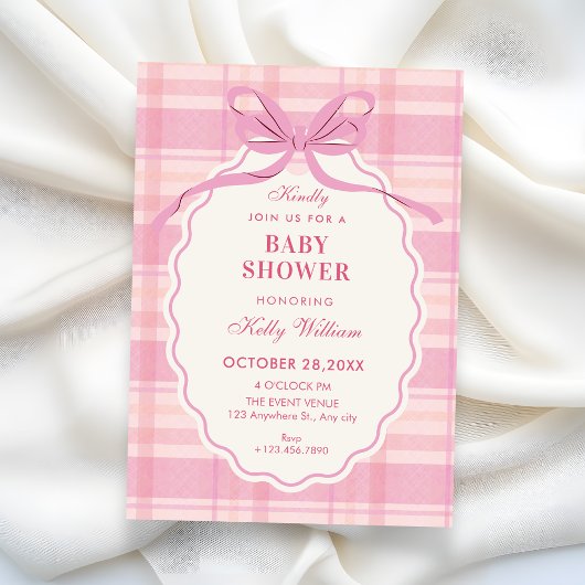 Pink plaid bow baby shower 招待状