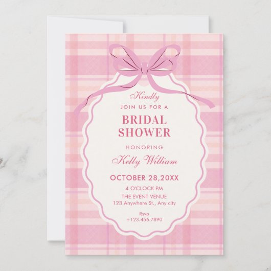 Pink plaid bow bridal shower 招待状 (正面)