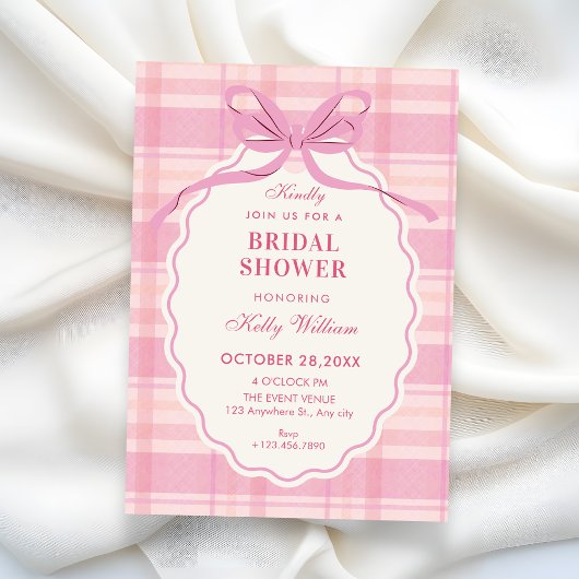 Pink plaid bow bridal shower 招待状