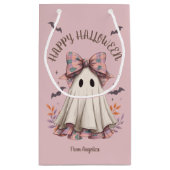Pink Plaid Bow Cute Ghost Girl Halloween Treat スモールペーパーバッグ (裏面)