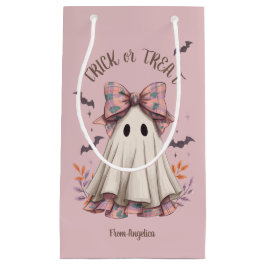 Pink Plaid Bow Cute Ghost Girl Halloween Treat スモールペーパーバッグ