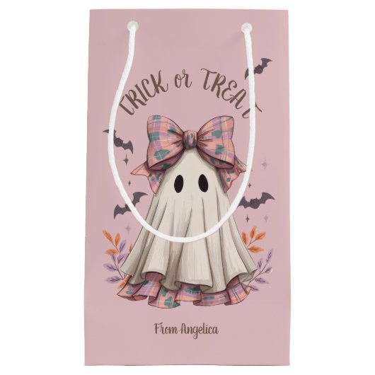 Pink Plaid Bow Cute Ghost Girl Halloween Treat スモールペーパーバッグ (正面)