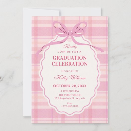 Pink plaid bow graduation 招待状 (正面)