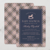 Pink Plaid Classic Rocking Horse Baby Shower 招待状 (正面/裏面)