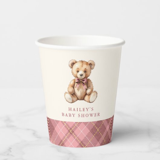 Pink Plaid Classic Teddy Bear Baby Shower 紙コップ (裏面)