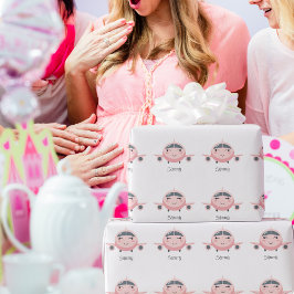 Pink Plaid Cute Airplane Girl Name Personalized ラッピングペーパー