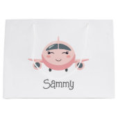 Pink Plaid Cute Airplane Girl Name Personalized ラージペーパーバッグ (正面)