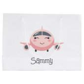 Pink Plaid Cute Airplane Girl Name Personalized ラージペーパーバッグ (裏面)