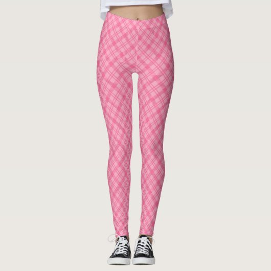 Pink plaid leggings displayed front view, worn  レギンス (正面)