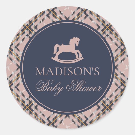 Pink Plaid Rocking Horse Baby Shower Envelope Seal ラウンドシール (正面)