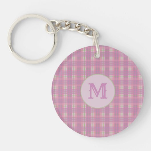 Pink Plaid Stripes Key Chain Capital Initial キーホルダー (正面)