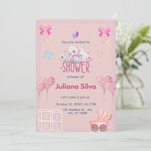 Pink playful Baby Shower Invitation  招待状 (スタンド正面)