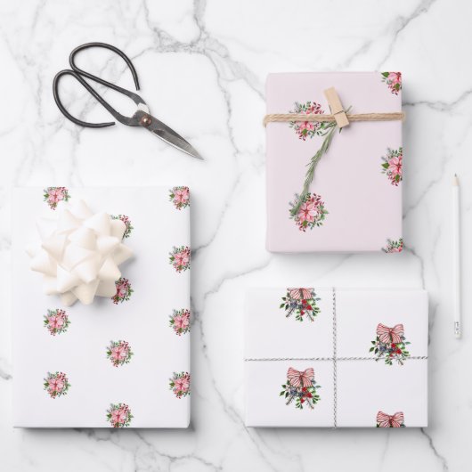 Pink Poinsettia Bouquet Holly and Berries ラッピングペーパーシート (正面)