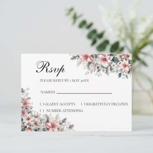 Pink Poinsettia floral RSVP card (スタンド正面)