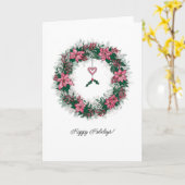 Pink Poinsettia Holiday Wreath カード (黄色い花)