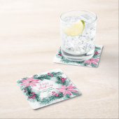 Pink Poinsettias Christmas スクエアペーパーコースター (インサイチュ)