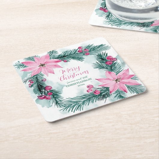 Pink Poinsettias Christmas スクエアペーパーコースター (アングル)