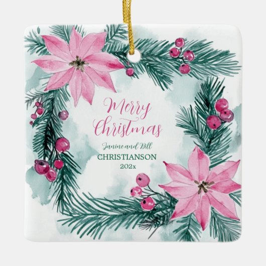 Pink Poinsettias Christmas セラミックオーナメント (正面)