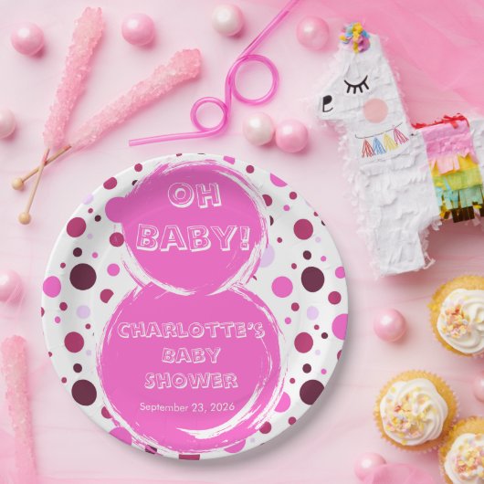 Pink polka dot baby shower Paper plates ペーパープレート (パーティー)
