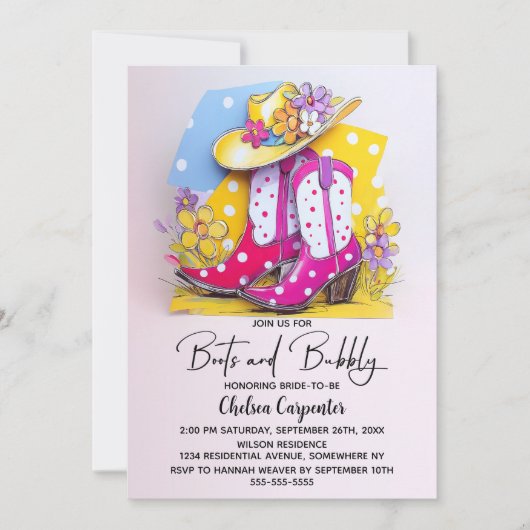 Pink Polka Dot Boots and Bubbly Bridal Shower 招待状 (正面)