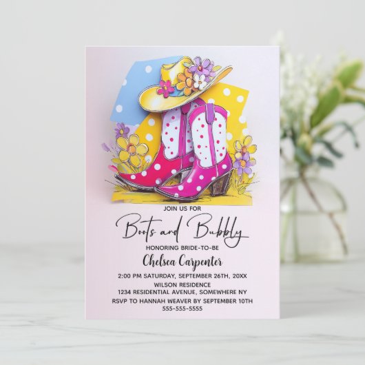 Pink Polka Dot Boots and Bubbly Bridal Shower 招待状 (スタンド正面)