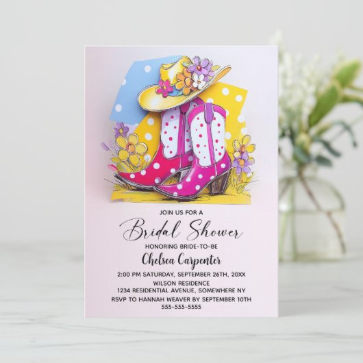 Pink Polka Dot Boots and Cowboy Hat Bridal Shower 招待状 (スタンド正面)