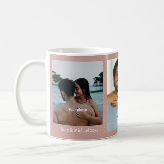 Pink Polka Dot Couple Photo Pink Love Hearts Mug コーヒーマグカップ (左)