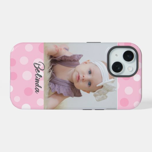 Pink Polkadot Photo Monogram iPhone Case  iPhone 15ケース (裏面横)