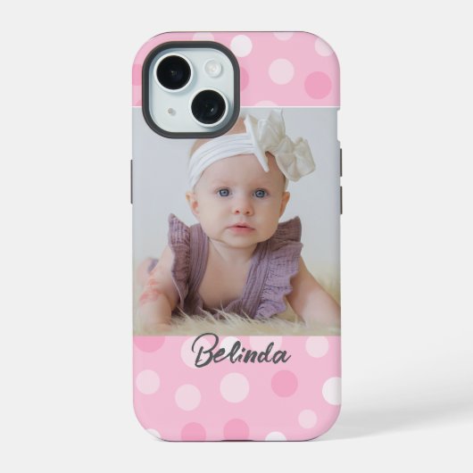 Pink Polkadot Photo Monogram iPhone Case  iPhone 15ケース (裏面)