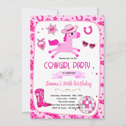 Pink Pony cowgirl party invitation 招待状 (正面)