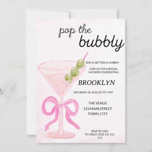 Pink Pop The Bubbly Martini Bridal Shower 招待状 (正面)