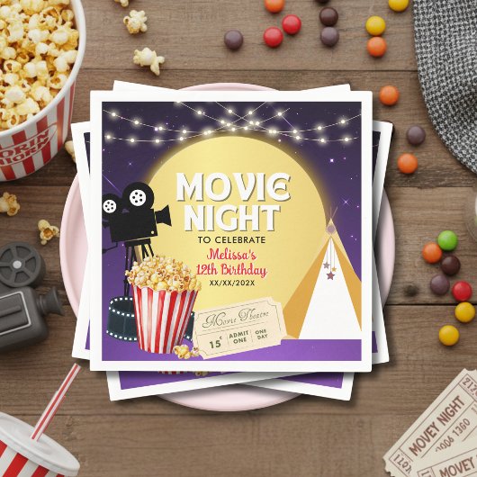Pink Popcorn Movie Night Birthday Party スタンダードカクテルナプキン