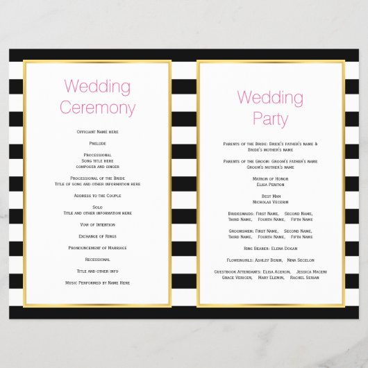 Pink poppies black white stripes wedding program チラシ (裏面)