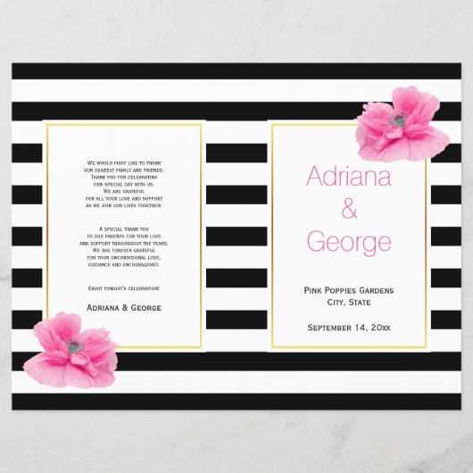 Pink poppies black white stripes wedding program チラシ (正面)