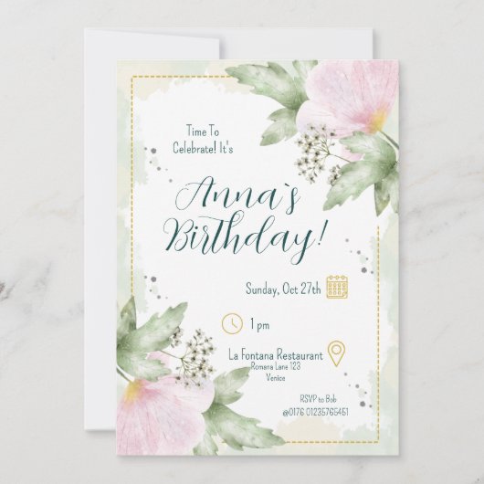 Pink Poppy Watercolour Florals Birthday 招待状 (正面)