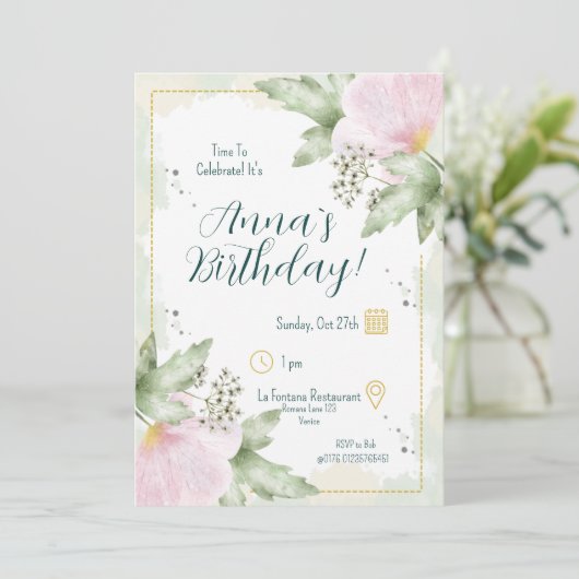 Pink Poppy Watercolour Florals Birthday 招待状 (スタンド正面)