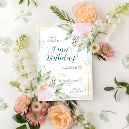 Pink Poppy Watercolour Florals Birthday 招待状