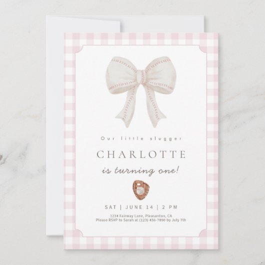 Pink Preppy Baseball Bow Birthday Invitation サンキューカード (正面)