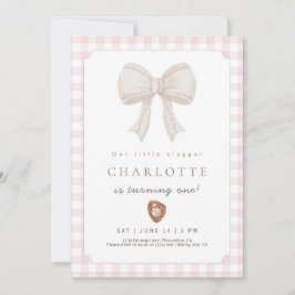 Pink Preppy Baseball Bow Birthday Invitation サンキューカード