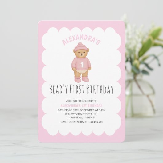 Pink Preppy Bear Beary First Birthday Invitation 招待状 (スタンド正面)