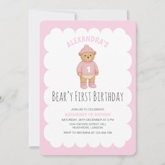 Pink Preppy Bear Beary First Birthday Invitation 招待状 (正面)