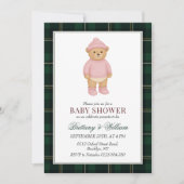 Pink Preppy Bear Designer Plaid Baby Shower 招待状 (正面)